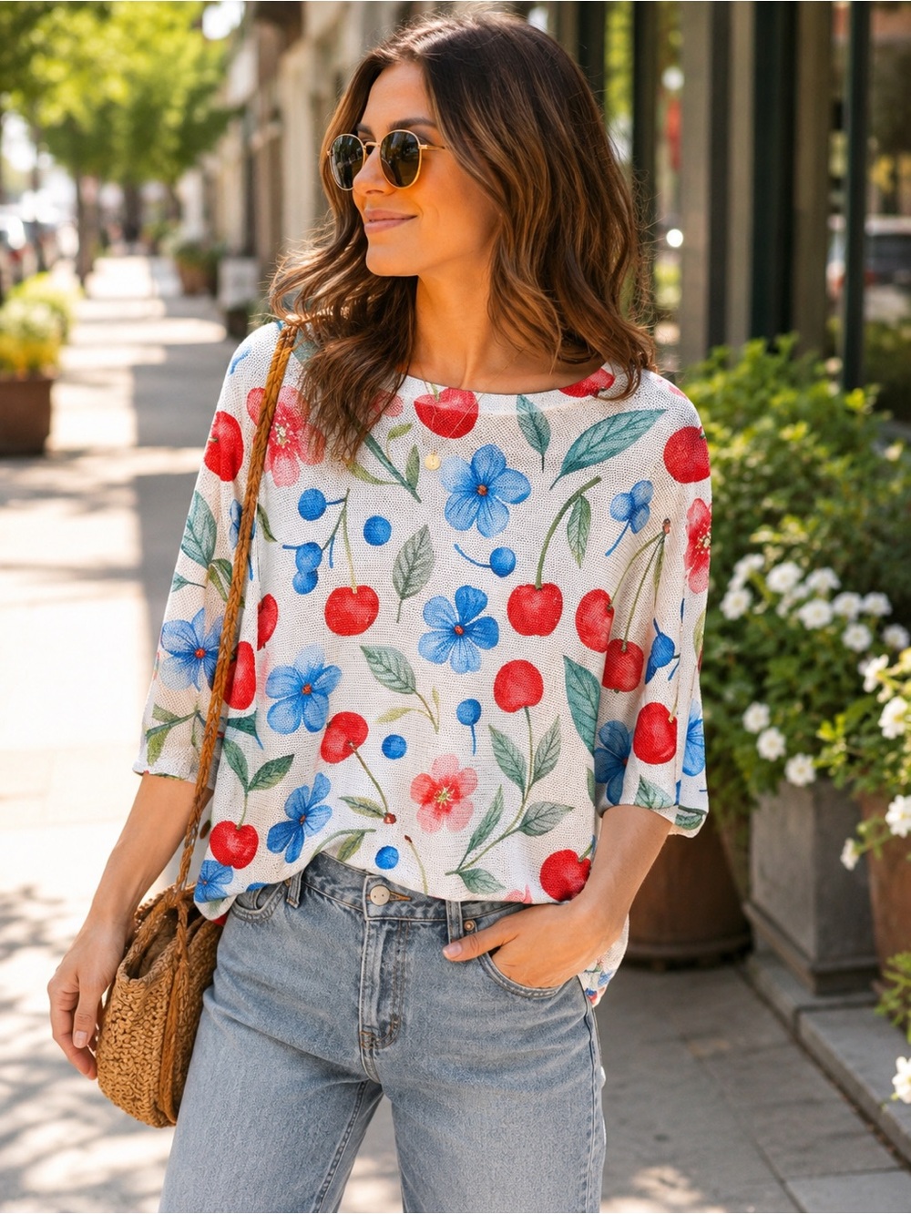 345. Casual Floral Cherry Print Tunic Top - White with Red & Blue